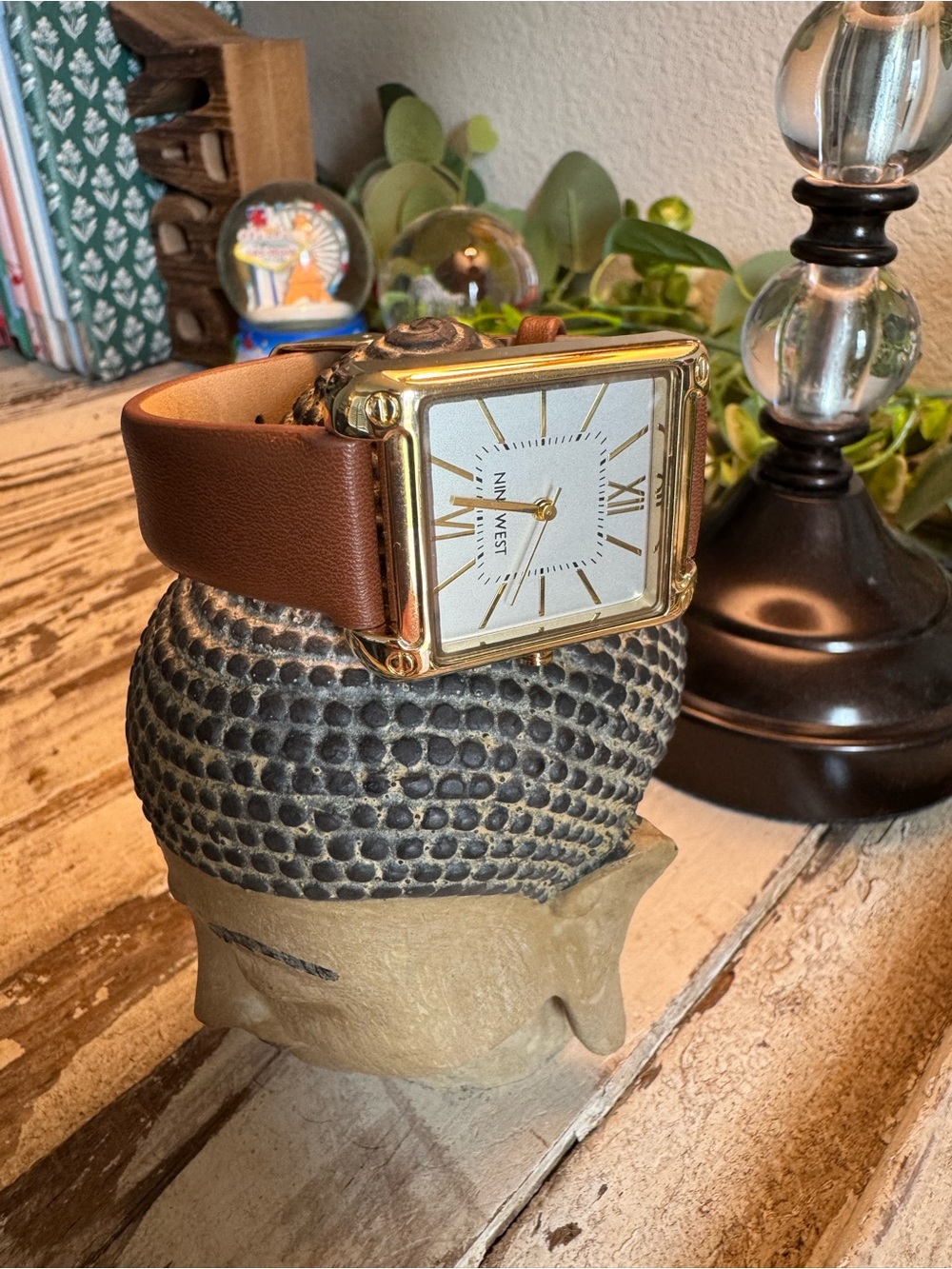 Nine West Gold-Tone Square Watch with Brown Leather Strap and White Dial